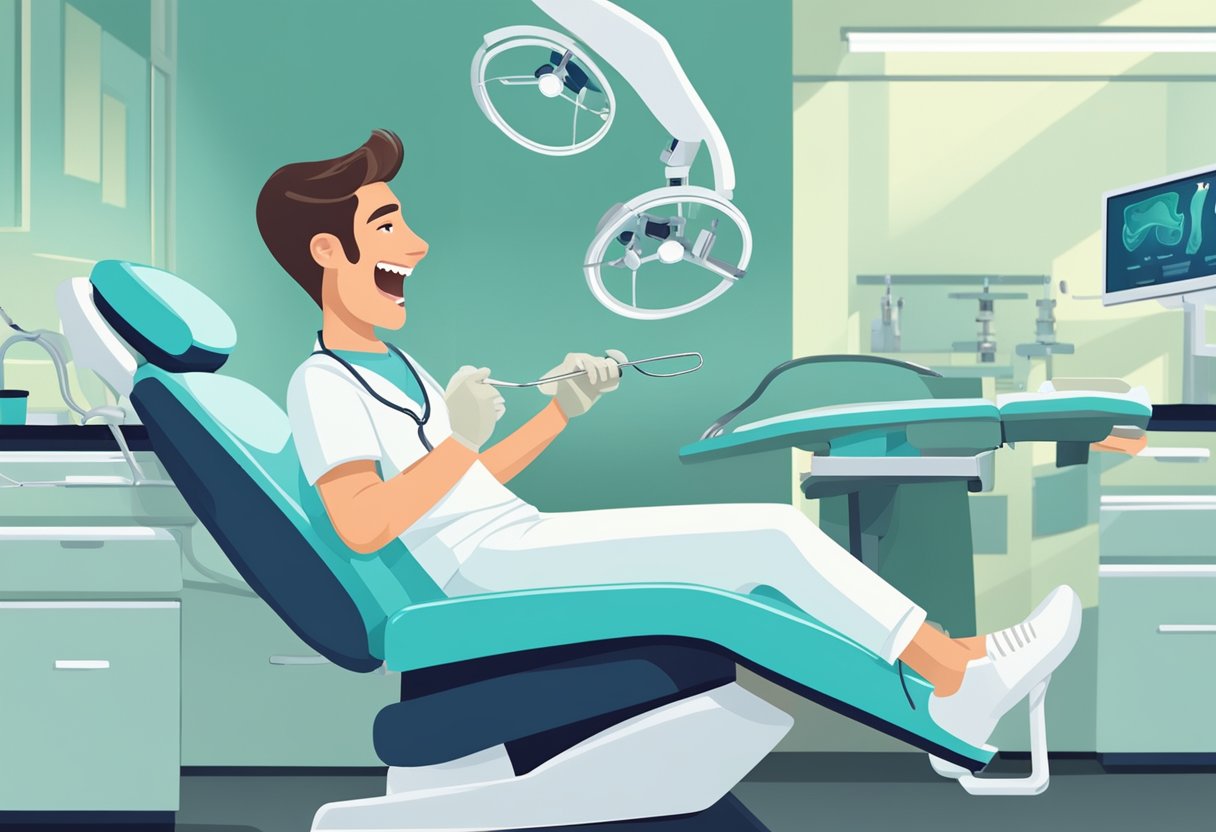 A patient reclines in a dental chair, mouth open as a dentist adjusts orthodontic appliances for a deep bite treatment