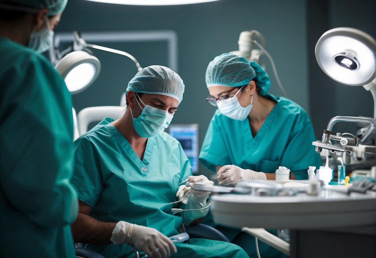 A dentist performing jaw surgery in a modern operating room with advanced medical equipment and a team of surgical assistants